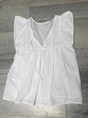 Self Contrast Embroidered Eyelet V Neck Sleeve Blouse White Size Small